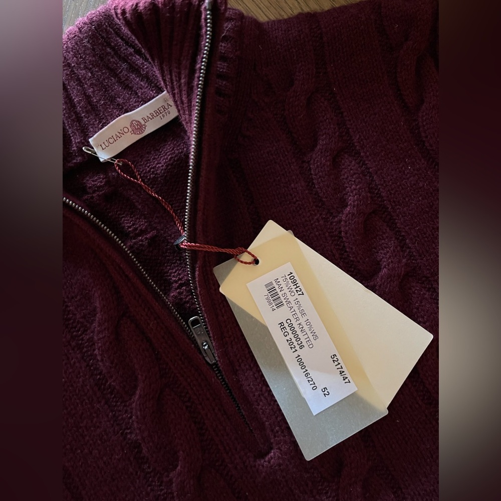 NWT men’s LUCIANO BARBERA burgundy quarter zip sweater size 52